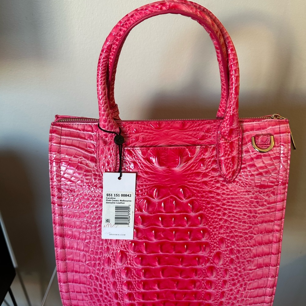 Brahmin Pink Cosmo Crocodile-Embossed Caroline Satchel bnwt - Picture 2 of 5